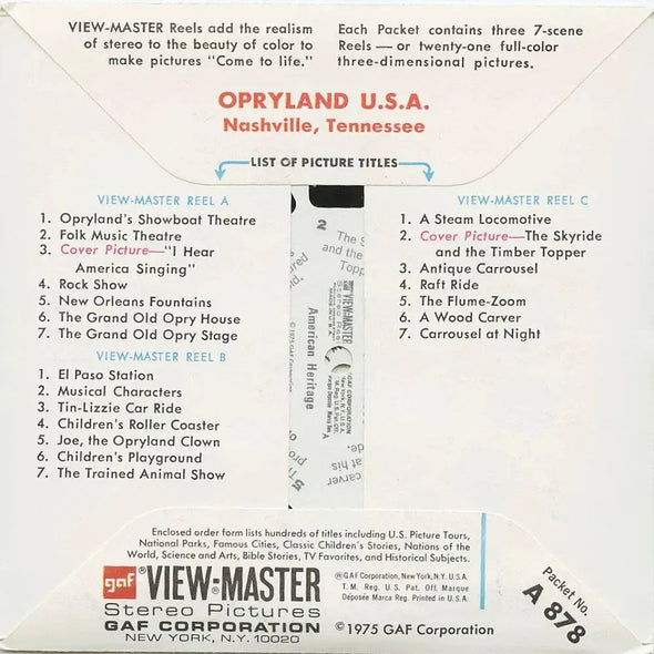 -ANDREW- Opryland U.S.A - View-Master 3 Reel Packet - 1970's - vintage (A878-G3A) Packet 3dstereo 
