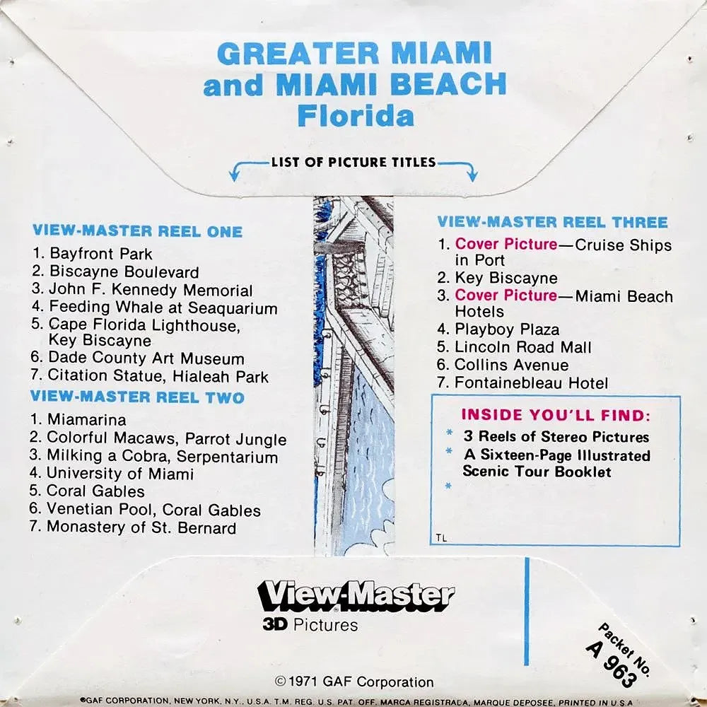 ViewMaster - Greater Miami - Florida - A963 - Vintage - 3 Reel Packet -  1960s views