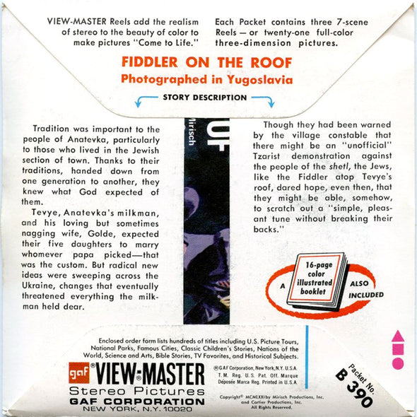 Fiddler on The Roof - View-Master 3 Reel Packet - 1970s - Vintage - (zur Kleinsmiede) - (B390-G3A) Packet 3dstereo 