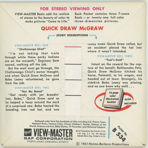 Quick Draw McGraw - View-Master 3 Reel Packet - 1960s - vintage -(PKT-B534-G1A) Packet 3Dstereo 