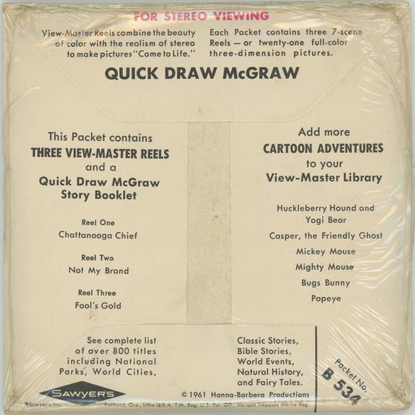 Quick Draw McGraw - View-Master 3 Reel Packet - 1960's - vintage -(PKT-B534-S5MINT) Packet 3Dstereo 