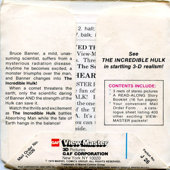The Incredible Hulk - View-Master 3 Reel Packet - 1970s - vintage - (ECO-J26-G6) Packet 3Dstereo 