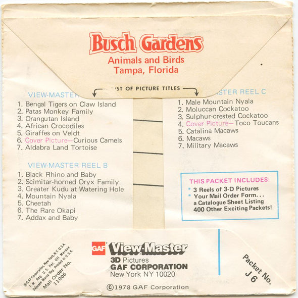 Busch Gardens - View-Master 3 Reel Packet - 1970s views - vintage - J6-G6 Packet 3Dstereo 