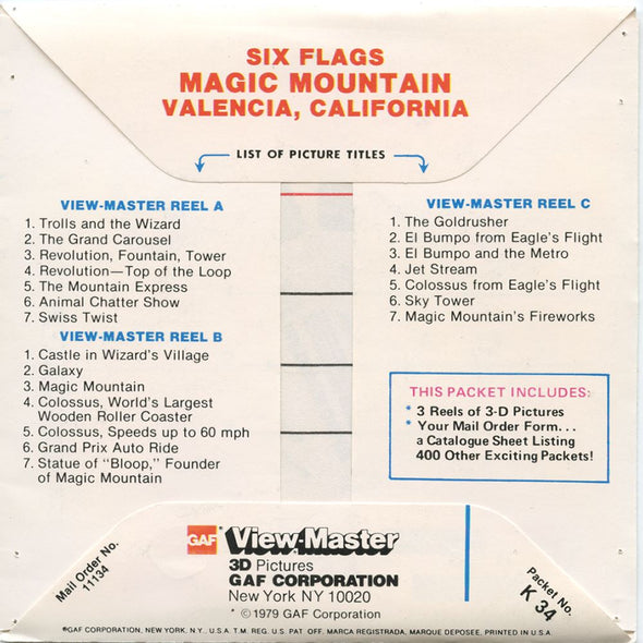 Six Flags Magic Mountain - View-Master 3 Reel Packet - 1970s Views - Vintage - (zur Kleinsmiede) - (K34-G6nk) Packet 3dstereo 