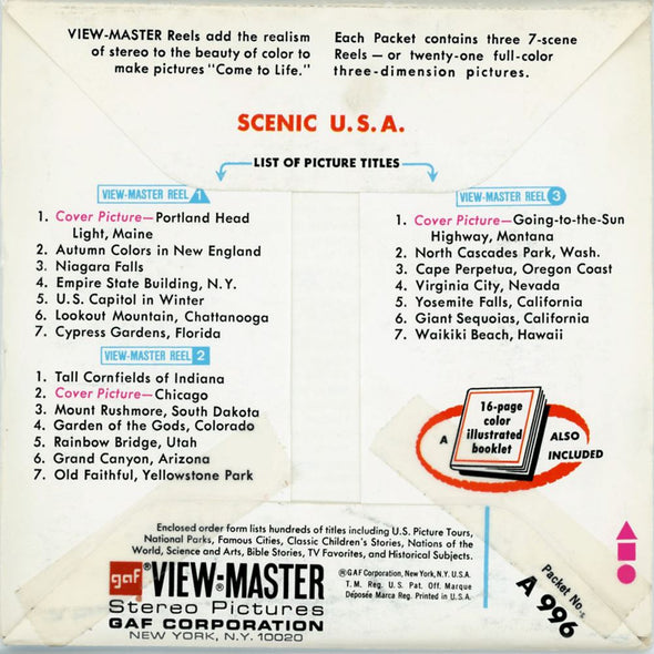 ViewMaster - Scenic U.S.A - A996 - Vintage - 3 Reel Packet - 1970s Views - A996 Packet 3dstereo 