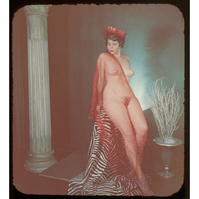 PinUp Nude Stereo Slide - Girl with Red Veil - Cardboard Mount - 1950s - vintage 3Dstereo.com 