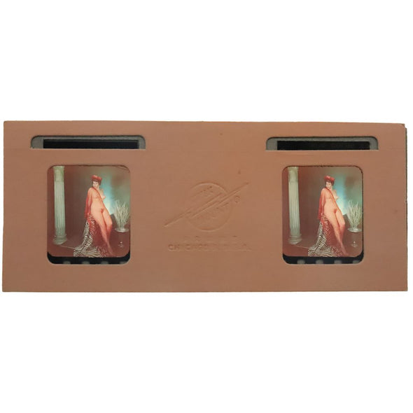 PinUp Nude Stereo Slide - Girl with Red Veil - Cardboard Mount - 1950s - vintage 3Dstereo.com 