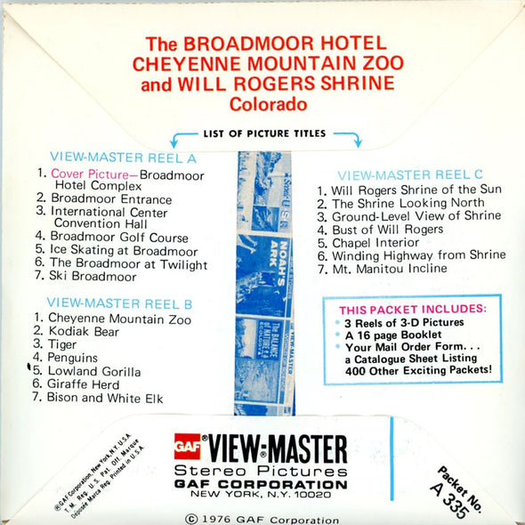 ViewMaster Brodmoor Hotel, Will Rogers Shrine and Cheyenne Mt. Zoo - Vintage - 3 Reel Packet - 1970s Views (PKT-A335-G5A) Packet 3dstereo 